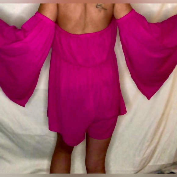 Hot Pink One Piece Jumper Flare Arms Shorts Romper - Picture 5 of 6